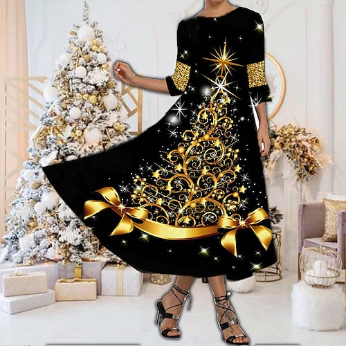 

Women's Casual Dress Shift Dress Midi Dress Midi Dress Green Purple Gold 3/4 Length Sleeve Christmas Tree Ruched Winter Fall Spring Crew Neck Fashion Daily 2022 S M L XL XXL 3XL