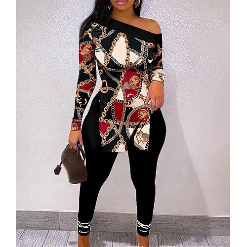 

Women's Shirt Pants Sets Pants Trousers Basic Black Blue Casual Daily Leopard Portrait Print One Shoulder S M L XL