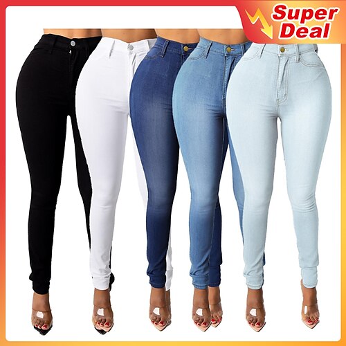 

Women's Jeans Denim High Waisted Solid / Plain Color Classic Regular Spring & Fall Light Blue Medium blue Navy Blue White Black