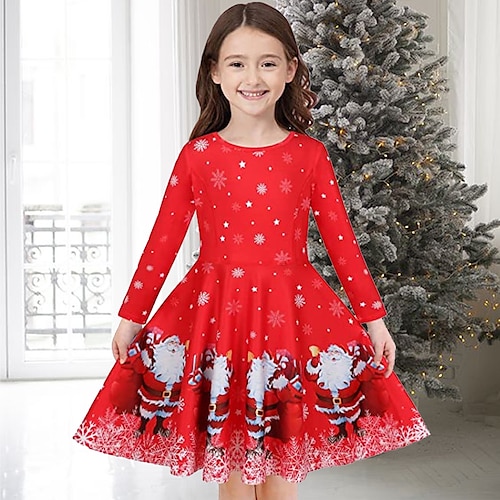 

Kids Girls' Christmas Dress Santa Claus Casual Dress Above Knee Dress Outdoor Crewneck Long Sleeve Adorable Dress 2-13 Years Winter Green Red / Fall