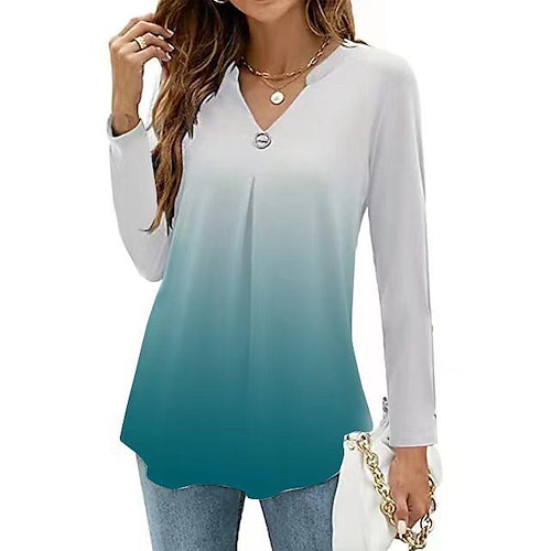 

Women's Blouse Shirt Green Black Purple Color Gradient Print Long Sleeve Casual Basic V Neck Regular S