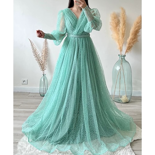 

Linea-A Abiti da ballo Elegante Vestito Abiti da festa Strascico di corte Manica lunga A V Tulle con A pieghe 2023