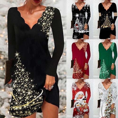 

Women's Christmas Sequin Dress Formal Dress Short Mini Dress Black Long Sleeve Tree Print Sequins Ruched Print Fall Winter V Neck Stylish Modern 2022 S M L XL XXL 3XL