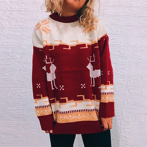 

Women's Ugly Christmas Sweater Pullover Sweater Jumper Ribbed Knit Knitted Elk Stand Collar Stylish Casual Outdoor Christmas Winter Fall Green Red S M L