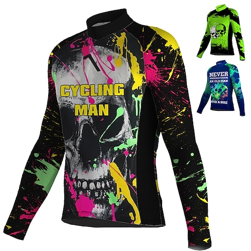 

Men's Cycling Jersey Long Sleeve Bike Top with 3 Rear Pockets Mountain Bike MTB Road Bike Cycling Breathable Quick Dry Moisture Wicking Reflective Strips Green Yellow Blue Skull Halloween Spandex