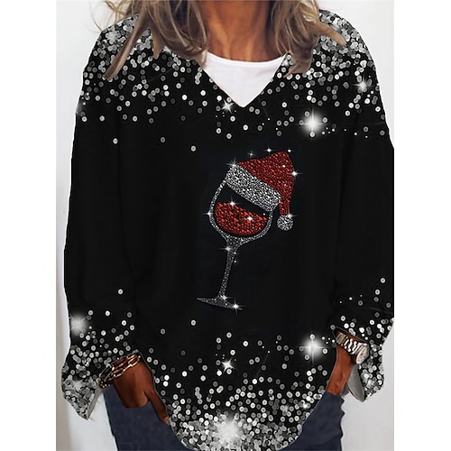 

Women's Plus Size Christmas Tops T shirt Tee Deer Santa Claus Print Long Sleeve V Neck Casual Festival Daily Cotton Spandex Jersey Winter Fall Black Wine