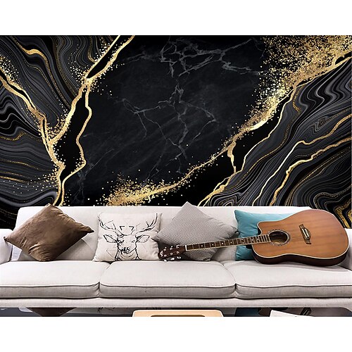 

Botanical 3d Mural Black Background Gold Silk Marble Suitable For Hotel Living Room And Bedroom Canvas Material Self adhesive Wallpaper Mural Wall Cloth Room Wallcovering
