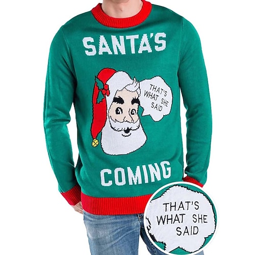 

Men's Sweater Ugly Christmas Sweater Pullover Sweater Jumper Ribbed Knit Cropped Knitted Letter Crew Neck Keep Warm Modern Contemporary Christmas Work Clothing Apparel Fall & Winter Green S M L