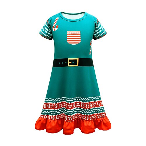 

Kids Girls' Christmas Sweater Dress Cartoon A Line Dress Midi Dress Casual Crew Neck Short Sleeve Daily Dress 2-12 Years Spring Light Green