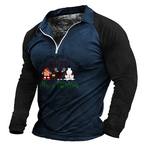 

Men's Polo Shirt Golf Shirt Santa Claus Graphic Prints Turndown Blue Khaki 3D Print Christmas Street Long Sleeve Zipper Print Clothing Apparel Fashion Casual Soft Breathable