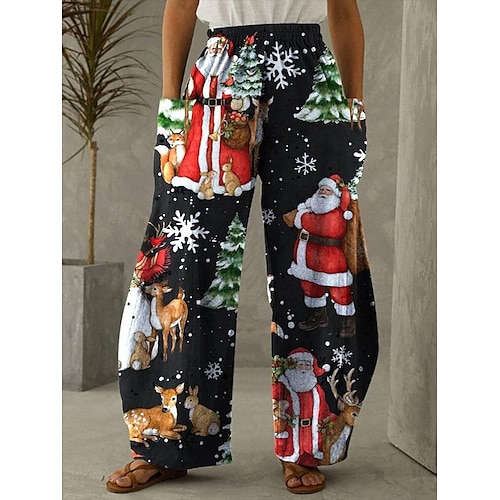 

Women's Pants Trousers Black Fashion Christmas Weekend Side Pockets Wide Leg Micro-elastic Full Length Comfort Santa Claus S M L XL 2XL