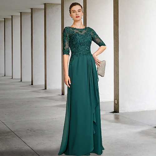 

A-Line Mother of the Bride Dress Luxurious Elegant Jewel Neck Floor Length Chiffon Lace Half Sleeve with Pleats Beading Appliques 2022
