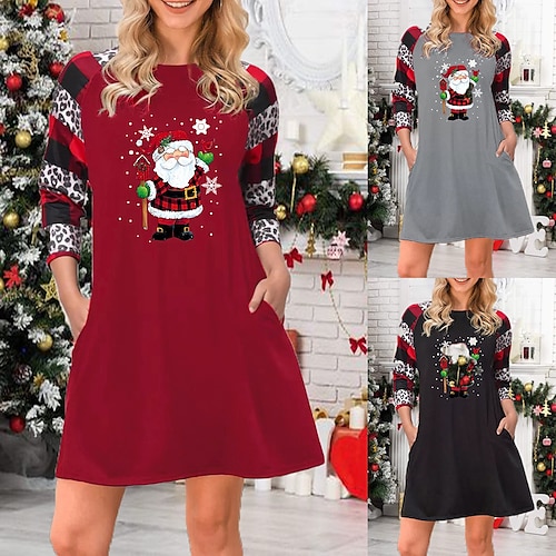 

Women's Christmas Casual Dress T Shirt Dress Tee Dress Short Mini Dress Wine Grey Black Long Sleeve Santa Claus Snowflake Pocket Print Fall Winter Crew Neck Casual Modern 2022 S M L XL 2XL 3XL 4XL