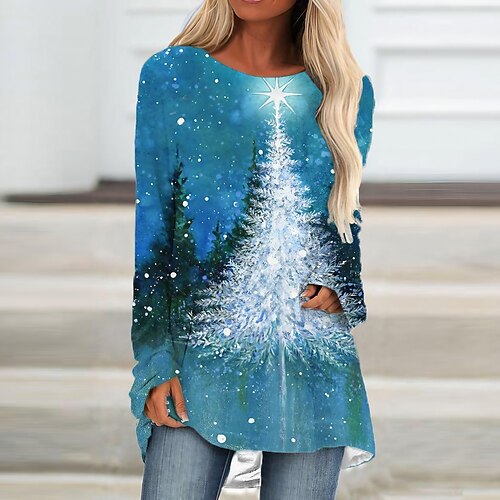 

Women's Christmas Casual Dress T Shirt Dress Tee Dress Mini Dress Blue Long Sleeve Tree Print Winter Fall Crew Neck Vacation Casual 2022 S M L XL XXL 3XL