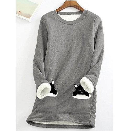 

Women's Sweatshirt Pullover Basic Zipper Black Dark Blue Dark Gray Cat Street Round Neck Long Sleeve S M L XL 2XL 3XL