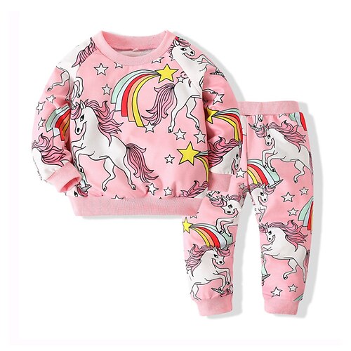 

2 Pieces Toddler Girls' Rainbow Hoodie & Pants Set Long Sleeve Active Outdoor 3-7 Years Winter Blue Pink Yellow