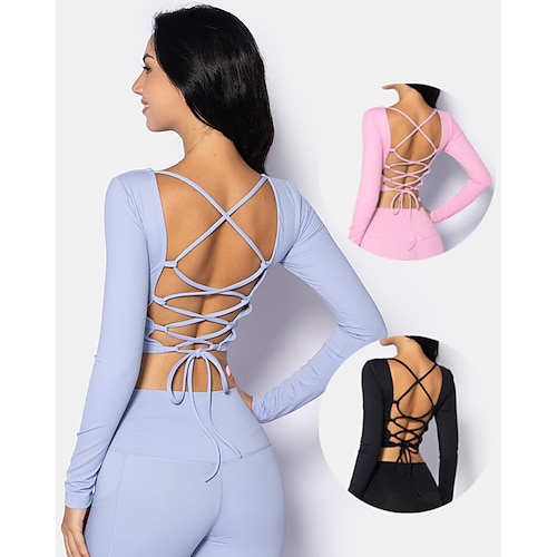 

Women's Crew Neck Yoga Top Drawstring Open Back Solid Color Black Rosy Pink Spandex Yoga Fitness Gym Workout Top Sport Activewear Breathable Quick Dry Comfortable Stretchy Slim
