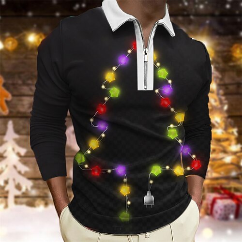 

Men's Collar Polo Shirt Golf Shirt Tree Graphic Prints Turndown Black 3D Print Christmas Street Long Sleeve Zipper Print Clothing Apparel Fashion Designer Casual Soft