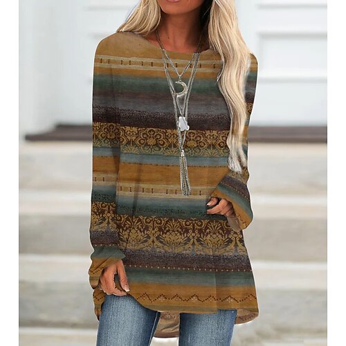 

Women's T shirt Tee Green Blue Khaki Striped Print Long Sleeve Daily Weekend Basic Round Neck Long Painting S