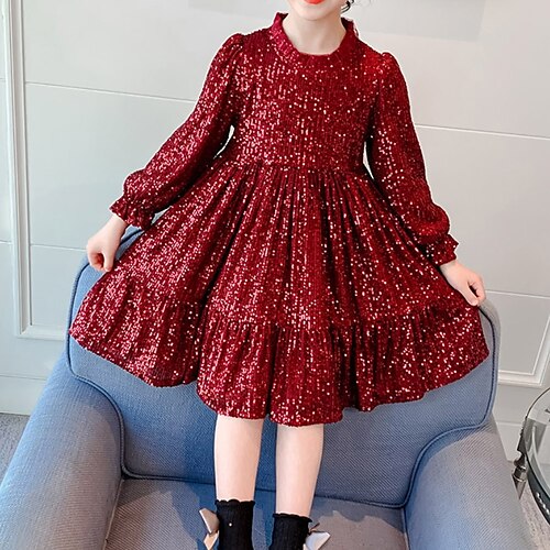 

Kids Girls' Dress Solid Color Party Dress Dress Long Sleeve Princess Dress 3-12 Years Winter Champagne Red