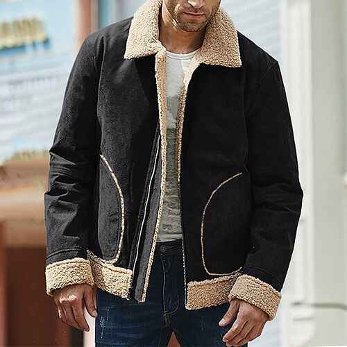 

Men's Winter Jacket Sherpa jacket Winter Coat Soft Daily Wear Vacation Going out Zipper Lapel Warm Ups Comfort Jacket Outerwear Pure Color Zipper Pocket Dark Brown Dark Grey Black
