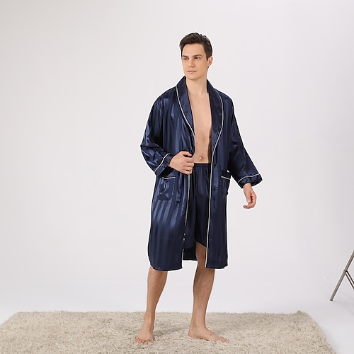 

Men's Plus Size Silk Robe Robes Gown Sets Silk Kimono 2 Pieces Waves Simple Comfort Home Daily Faux Silk Gift Lapel Long Sleeve Robe Top Shorts Pocket Adjustable Belt Included Winter Fall Green Black