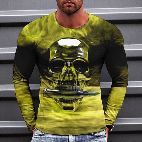 

Men's T shirt Tee Skull Graphic Prints Crew Neck Green Blue Purple Yellow Royal Blue 3D Print Outdoor Street Long Sleeve Print Clothing Apparel Basic Sports Designer Casual