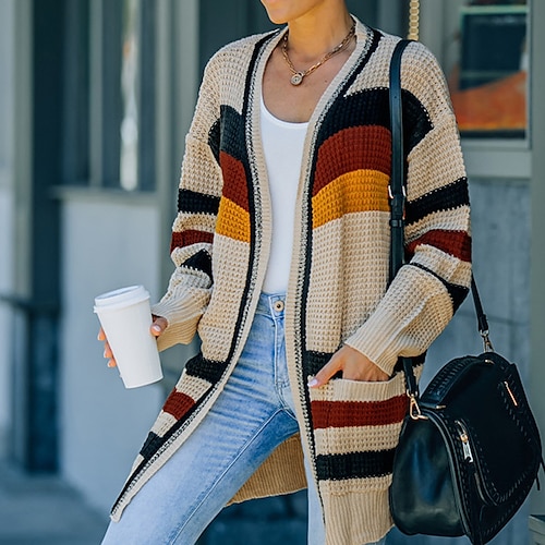 

Women's Cardigan Sweater Jumper Ribbed Knit Tunic Knitted Front Pocket Striped Open Front Stylish Casual Outdoor Daily Winter Fall Beige Gray S M L / Cotton / Long Sleeve