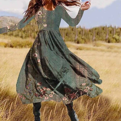 

Women's Casual Dress Swing Dress Midi Dress Green Long Sleeve Floral Pocket Winter Fall Spring Crew Neck Fashion Daily Weekend 2022 S M L XL XXL 3XL