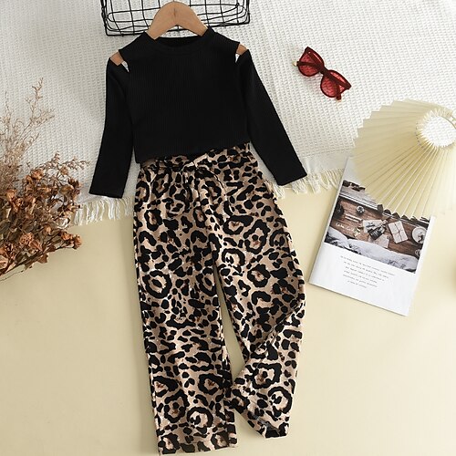 

2 Pieces Kids Girls' T-shirt & Pants Outfit Solid Color Leopard Long Sleeve Lace up Set Fashion Daily Fall Spring 3-8 Years Black