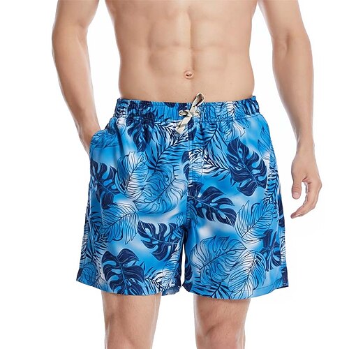 

Men's Swim Shorts Swim Trunks Board Shorts Drawstring Elastic Waist Leaf Print Comfort Breathable Knee Length Casual Daily Beach Fashion Streetwear Blue Micro-elastic
