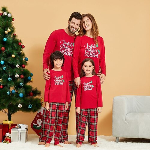

Christmas Pajamas Family Letter Home Crewneck Red Long Sleeve Basic Matching Outfits
