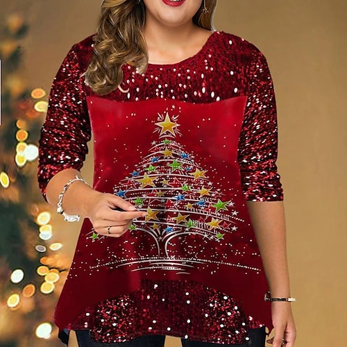 

Women's Plus Size Christmas Tops Blouse Christmas Tree Snowflake Sequins Print Long Sleeve Crew Neck Casual Holiday Festival Daily Polyester Winter Fall Dark Red Wine
