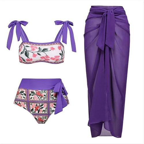 

Women's Swimwear Bikini Three Piece Normal Swimsuit Open Back Printing Flower Purple Camisole Strap Bathing Suits Sexy Vacation Fashion