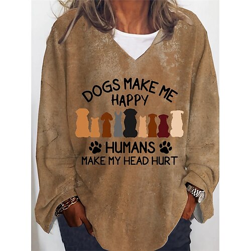 

Women's T shirt Tee khaki Cat Dog Print Long Sleeve Daily Going out Active Vintage Streetwear V Neck Regular Plus Size XL