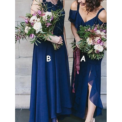 

Sheath / Column Bridesmaid Dress V Neck / Jewel Neck Sleeveless Elegant Asymmetrical Chiffon / Lace with Ruffles / Solid Color 2022