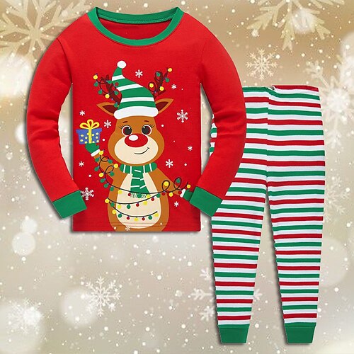 

Kids Girls' Ugly Elk Christmas Pants Suit Long Sleeve Green Red Elk Stripe Crewneck Christmas Gifts Casual Cute Regular 7-13 Years