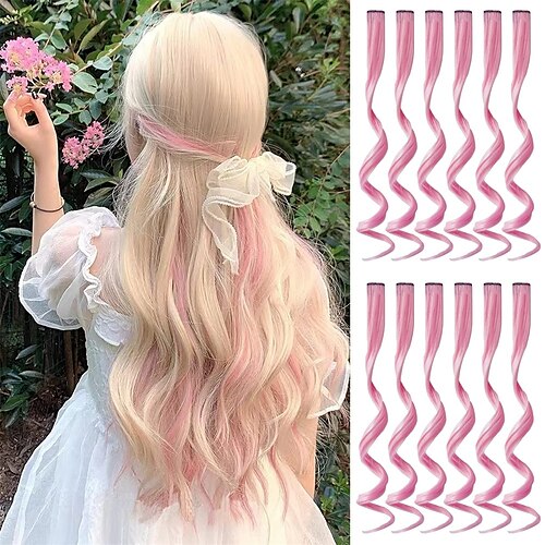 

12 Pcs Colored Curly Hair Extensions - 22 Inch Long Wavy Hairpieces Clip in Synthetic Streak Party Highlights for Women Kids Girls