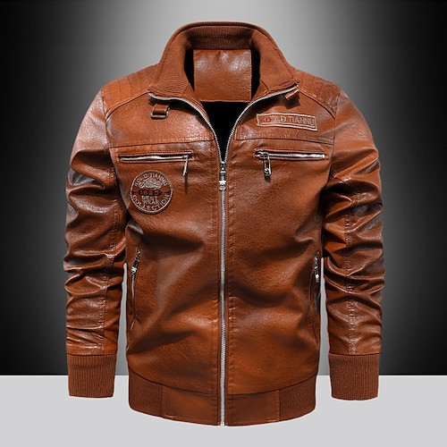 

Men's Faux Leather Jacket Biker Jacket Motorcycle Jacket Durable Casual / Daily Daily Wear Vacation To-Go Zipper Turndown Comfort Leisure Jacket Outerwear Solid / Plain Color Pocket Wine Black Ginger