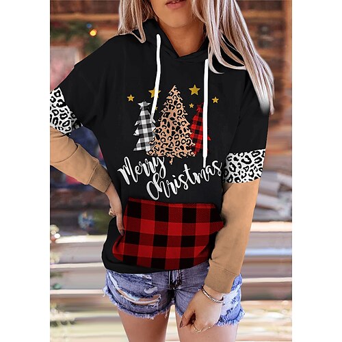 

Women's Hoodie Sweatshirt Pullover Streetwear Front Pocket Black Leopard Plaid Christmas Tree Christmas Hoodie Long Sleeve S M L XL 2XL