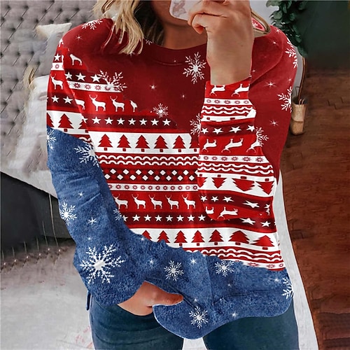 

Women's Plus Size Christmas Tops Pullover Sweatshirt Color Block Deer Print Long Sleeve Crewneck Casual Festival Daily Polyester Winter Fall Green Wine