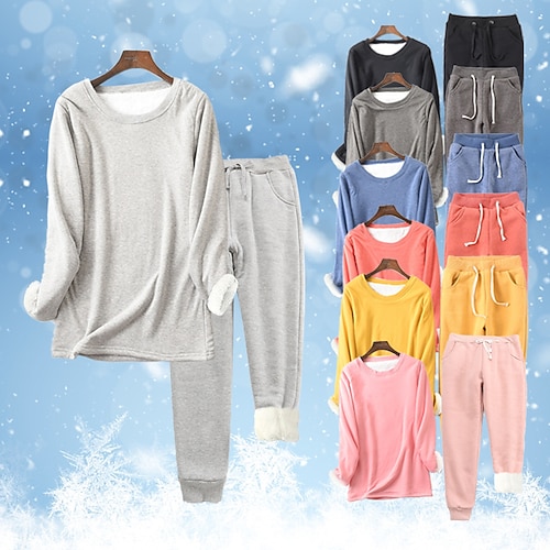 

Women's Plus Size Pajamas Winter Sets Winter Thermal Underwear Nighty 2 Pieces Pure Color Simple Comfort Soft Home Daily Bed Cotton Warm Crew Neck Long Sleeve T shirt Tee Pant Fall Blue Pink / Pjs
