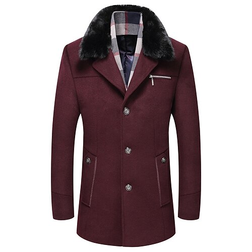 

Men's Winter Coat Wool Coat Overcoat Casual Daily Wear Winter Wool Thermal Warm Outerwear Clothing Apparel Fashion Streetwear Solid Colored Fur Trim Turndown Single Breasted