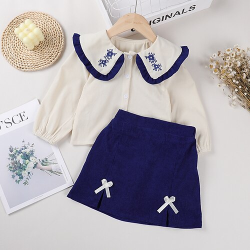 

2 Pieces Toddler Girls' Floral Ruffle Skirt & Shirt Set Long Sleeve Cute Party 3-7 Years Winter White