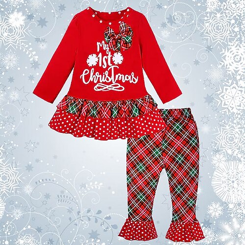 

2 Pieces Kids Girls' Ugly Christmas T-shirt & Pants Clothing Set Outfit Plaid Polka Dot Letter Long Sleeve Cotton Set Vacation Cute Sweet Fall Spring 2-6 Years Wine Red