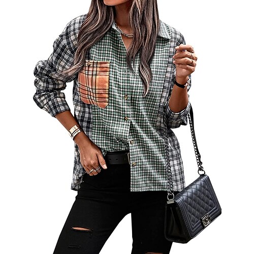 

Womens Plaid Shirts Casual Patchwork Shirt Boyfriend Long Sleeve Tops Blouse Button Down Shirts