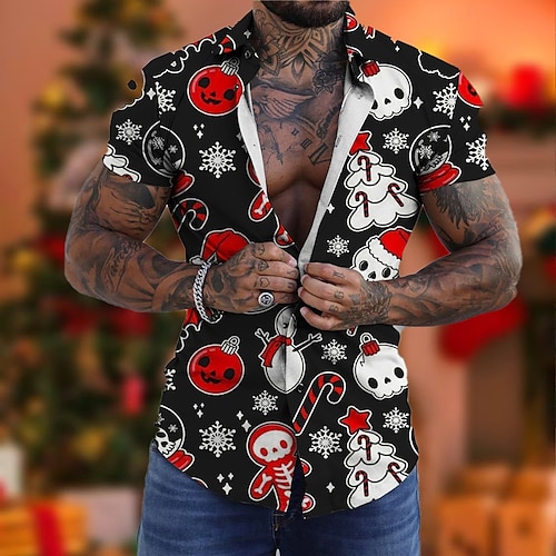 

Men's Shirt Skull Snowflake Turndown Black 3D Print Outdoor Christmas Short Sleeves Button-Down Print Clothing Apparel Cool Designer Casual Breathable / Summer / Halloween / Spring / Summer
