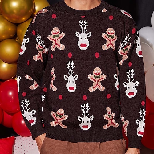 

Men's Sweater Ugly Christmas Sweater Pullover Sweater Jumper Ribbed Knit Cropped Knitted Deer Crew Neck Keep Warm Modern Contemporary Christmas Work Clothing Apparel Fall & Winter Camel S M L