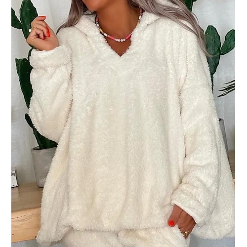 

Women's Plus Size Tops Hoodie Sweatshirt Plain Long Sleeve Hooded Fashion Modern Vacation Weekend Sherpa Winter Fall White