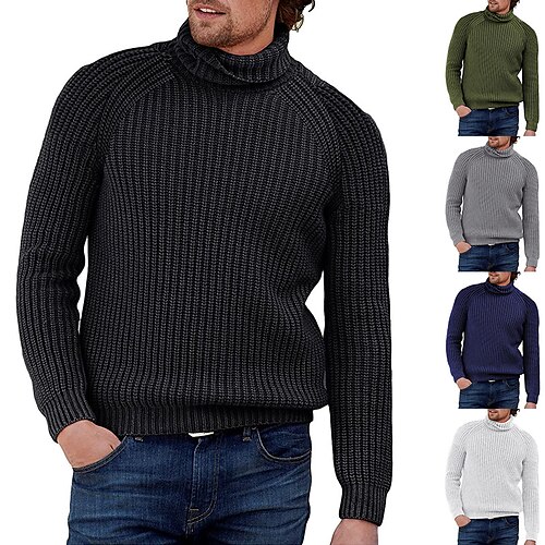 

Men's Sweater Pullover Sweater Jumper Ribbed Knit Cropped Knitted Solid Color Turtleneck Keep Warm Modern Contemporary Work Daily Wear Clothing Apparel Fall & Winter Black Navy Blue M L XL
